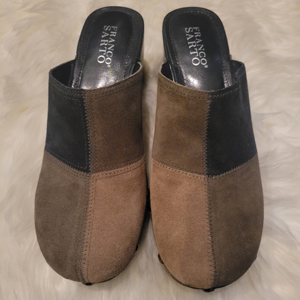 VINTAGE FRANCO SARTO SUEDE PATCHWORK CLOGS